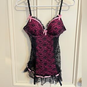 Victoria Secret Black and Pink Lace Teddy 36B